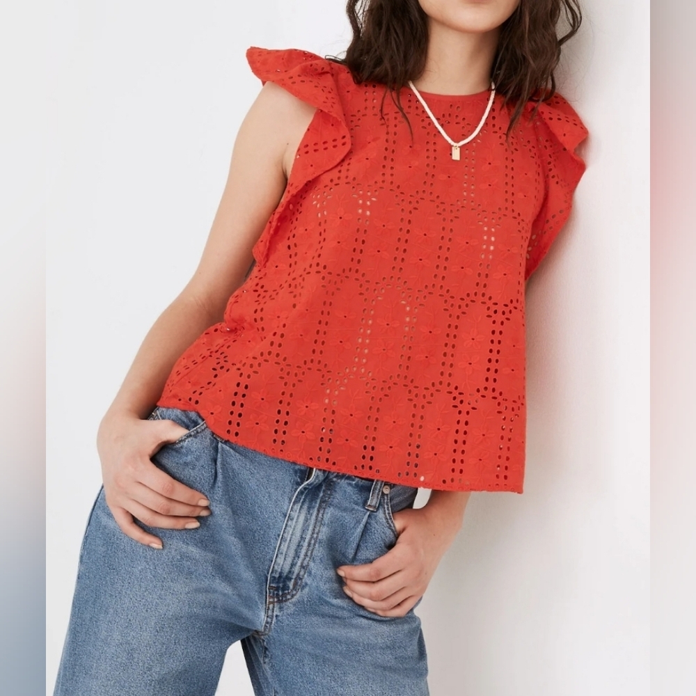 Madewell Flutter Sleeve Eyelet Top, Size S